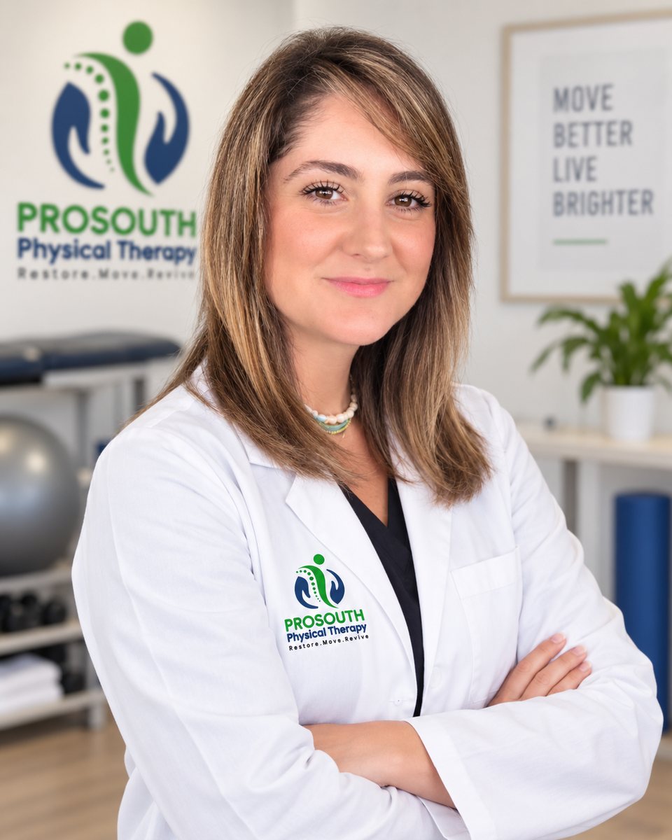 La Dra. Yelieseth Diaz, fisioterapeuta licenciada, con la bata de ProSouth Physical Therapy